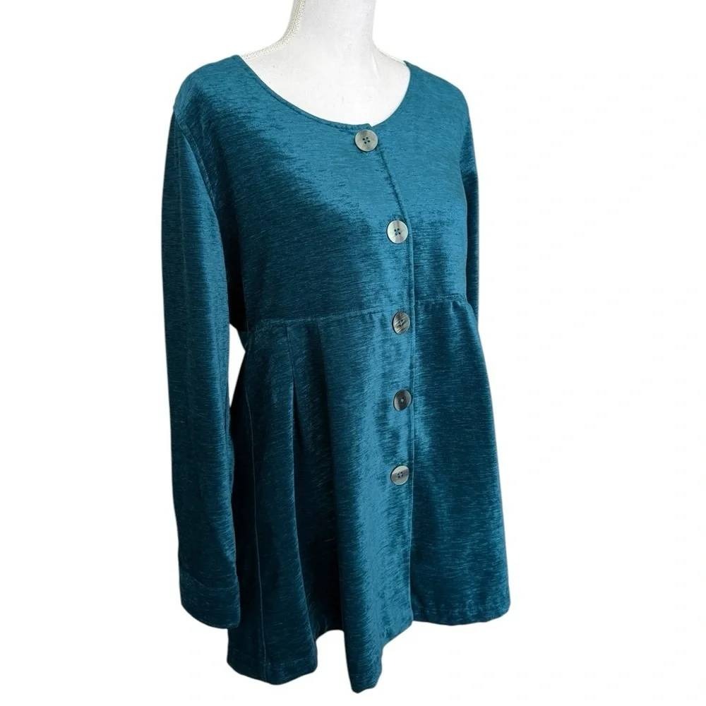 Soft Surroundings State Tunic Top L Teal Blue Button Front Pleated Empire Waist
